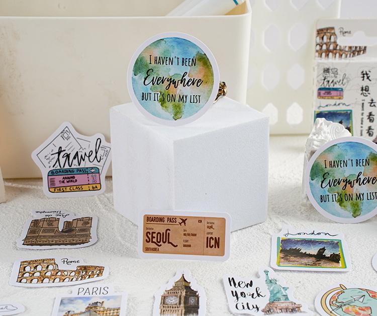 46pcs Travel Theme Sticker Pack | Travel City Scenic Spot Stickers | Journal Scrapbooking Collage Crafting Supplies | Planner Sticker