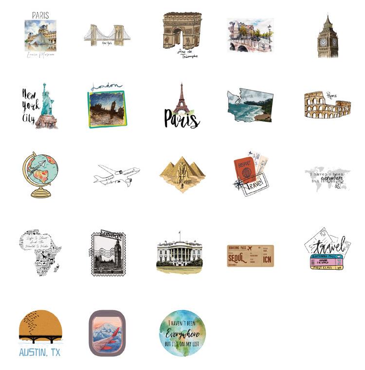 46pcs Travel Theme Sticker Pack | Travel City Scenic Spot Stickers | Journal Scrapbooking Collage Crafting Supplies | Planner Sticker