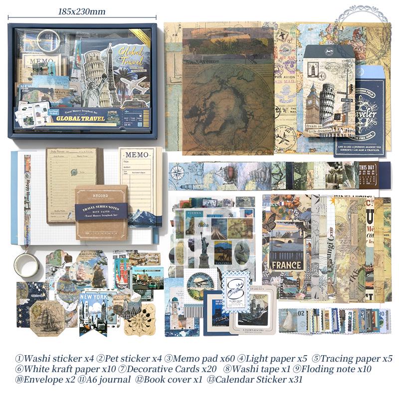154pcs Vintage Global Travel Journal Set | A6 Notebook | Journal Collage Accessories Stickers | Strater Kit | Travel Lover Gift