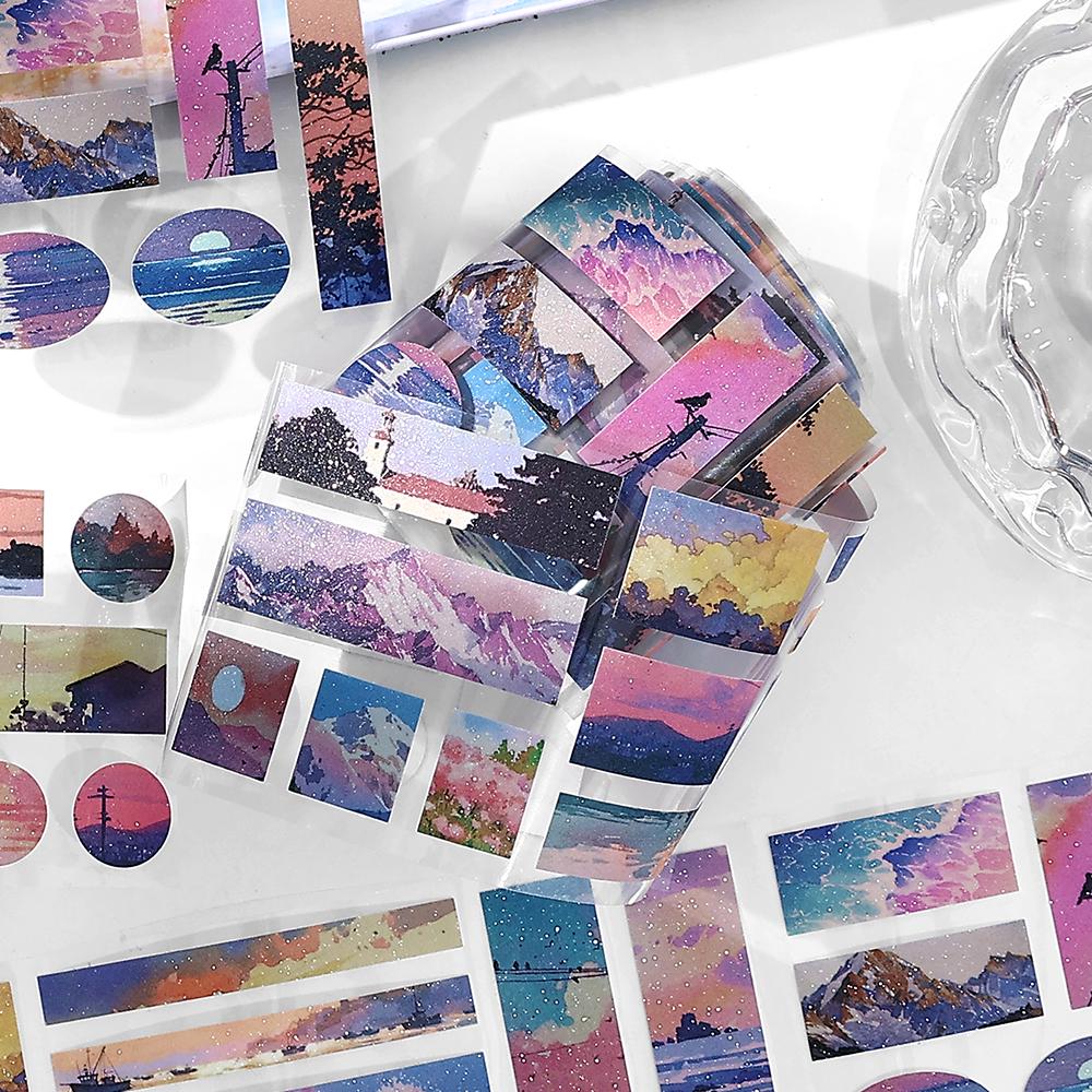 Glitter Natural Landscape Die Cut Tape | Beautiful Scenery Tape Roll | Sea Mountain Sunset Forest Tape | Junk Journal Collage Accessories