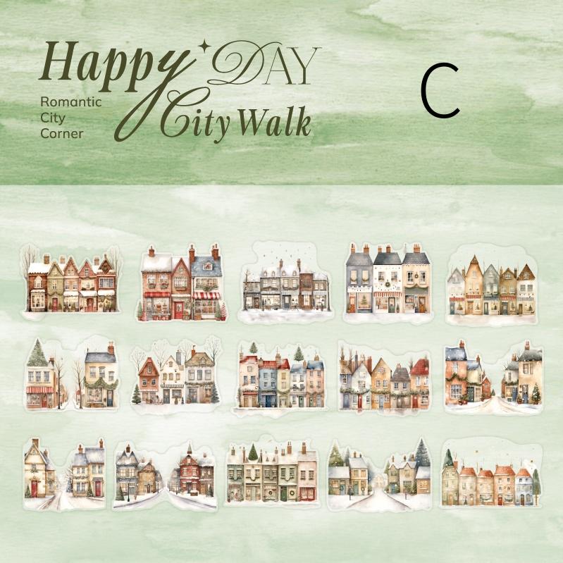 Happy City Walk PET Sticker | Town Street Building House Stickers | Creative DIY Stickers Junk Journal Collage Scrapbooking Supplies