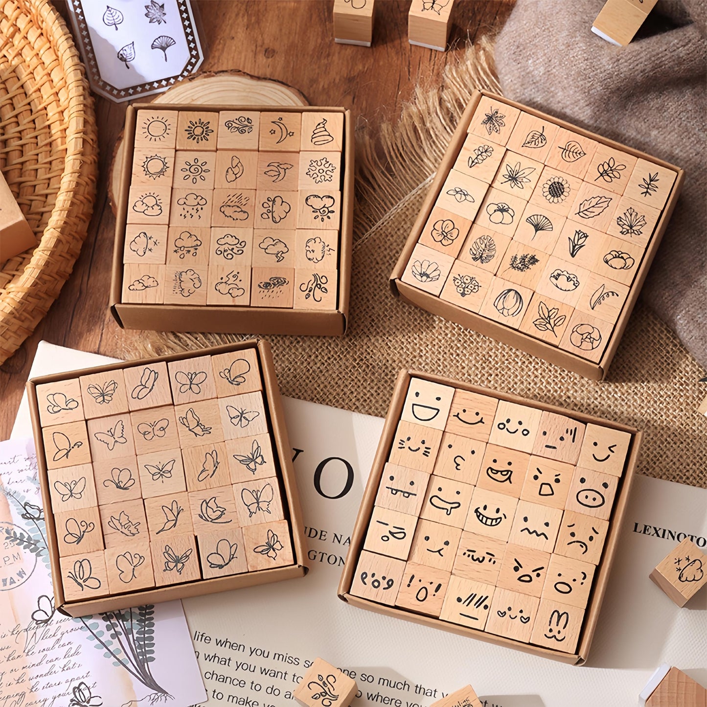 25pcs Cute Mini Emoji Weather Butterfly Flower Rubber Stamp | Wooden Stamp Set | Daily Plan Planner Bullet Journal Stamp