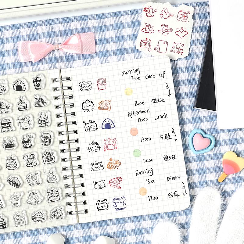 Mini Icon Clear Stamp | Cute Cat Dog Food Daily Life Plan Transparent Rubber Stamps | Bullet Journal Planner Accessories Journaling Supplies