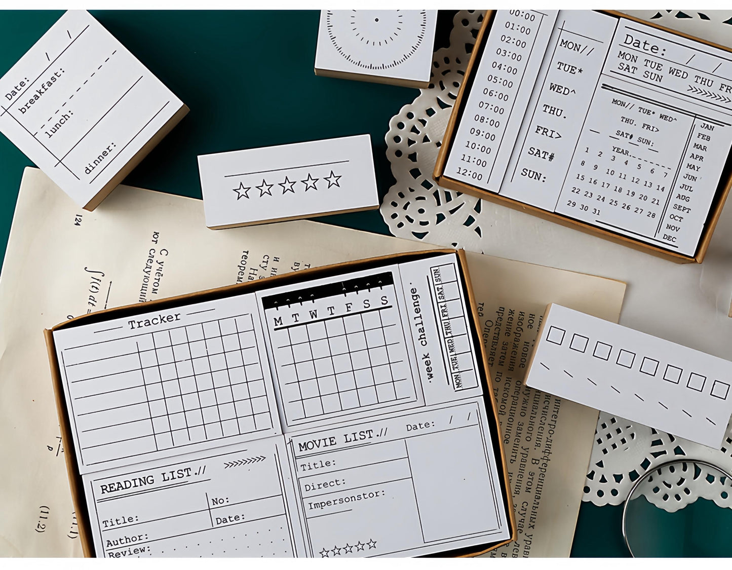 Daily Plan Rubber Stamp | Wooden Stamp Set | Habit Tracker Calendar Checklist To Do List Reading Movie Schedule Planner Bullet Journal Stamp