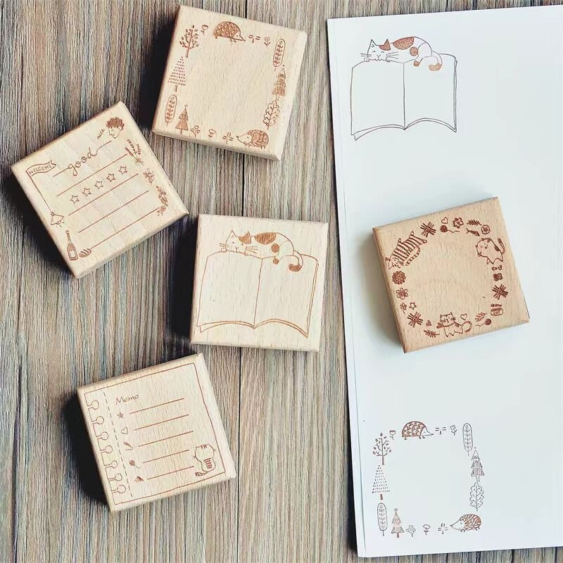 Animal Cat Wooden Rubber Stamp | Cute Memo List Book Wreath Stamp | Planner Accessories | Stamp for Journal and Scrapbook