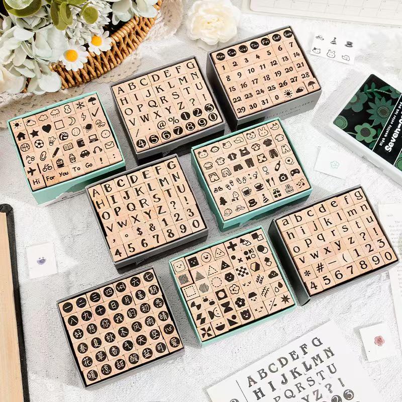 Cute Wooden Alphanumeric Stamp Set | Letter Number Icon Stamps for Planner Journal | Scrapbooking Supplies