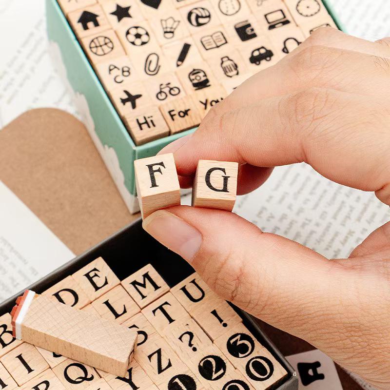 Cute Wooden Alphanumeric Stamp Set | Letter Number Icon Stamps for Planner Journal | Scrapbooking Supplies