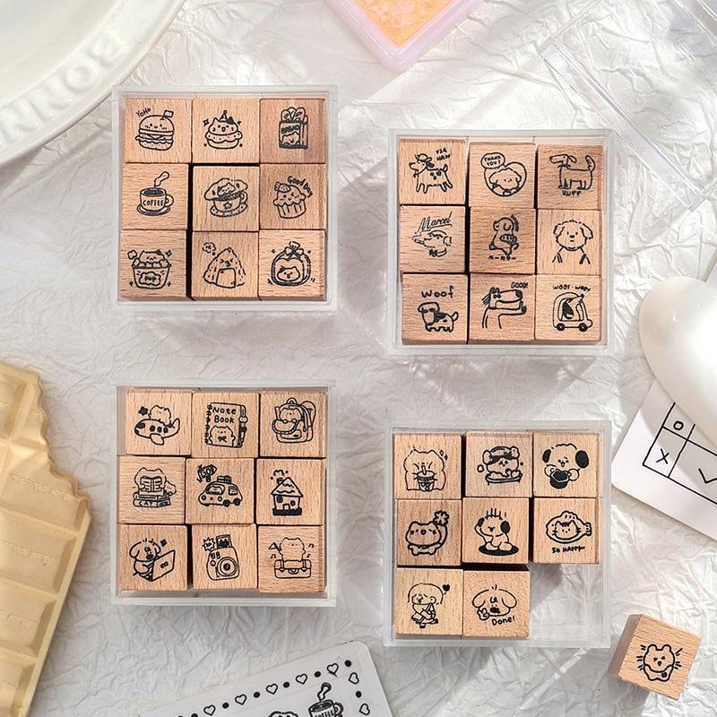 Happy Puppy Cat Mini Rubber Stamp | Cute Wooden Stamp Set | Daily Plan Planner Bullet Journal Stamp