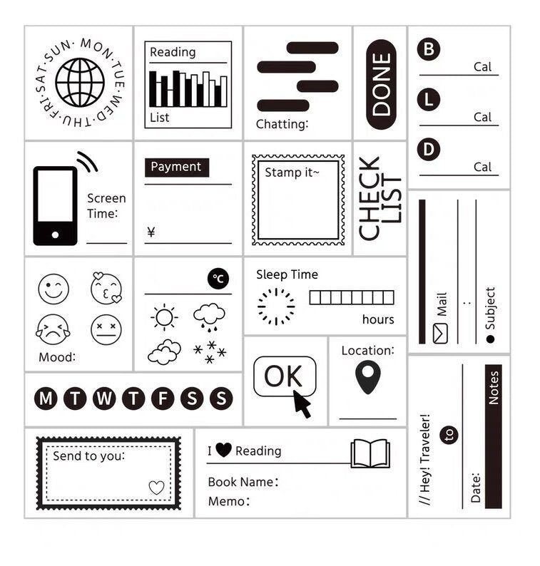 Basic Daily Calendar Plan Rubber Stamp | Functional Wooden Stamp Set | Scrapbooking Junk Journal Planner Stamp