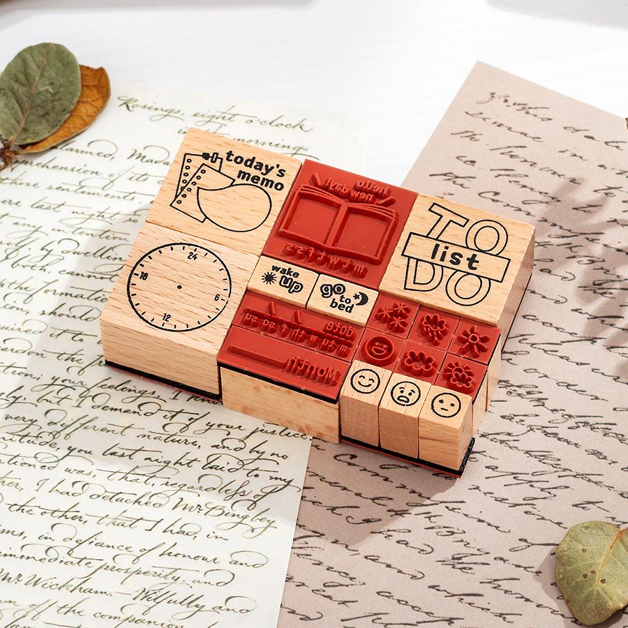 Month Week Number Weather Daily Plan Mood Rubber Stamp | Retro Wooden Stamp Set | Scrapbooking Journal Collage Planner Stamp Supplies