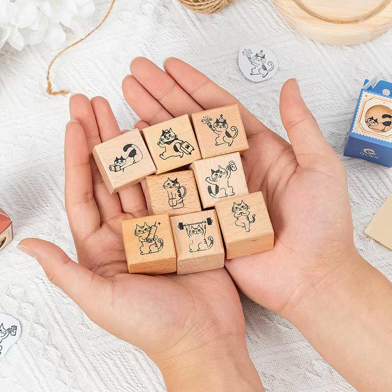 Cute Cat Daily Plan Wood Rubber Stamp | Reading Exercise Travel | Junk Journal Scrapbooking Planner Accessories Bullet Journal Supplies