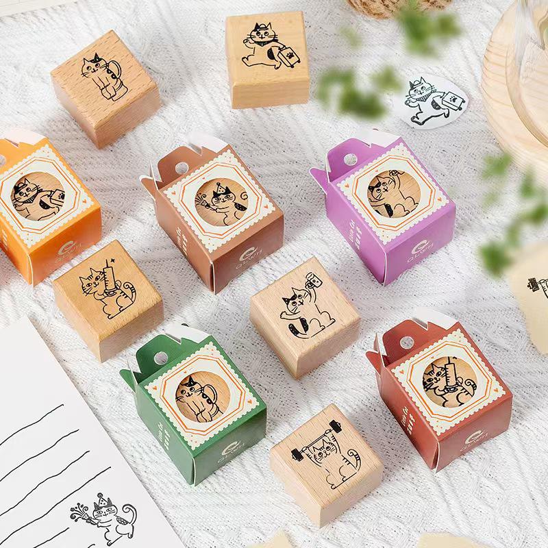 Cute Cat Daily Plan Wood Rubber Stamp | Reading Exercise Travel | Junk Journal Scrapbooking Planner Accessories Bullet Journal Supplies