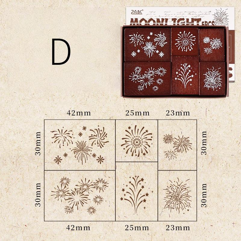 Retro Wooden Rubber Stamp Set | Vintage Flower Fireworks Label | Stamps for Planner Journal Scrapbooking Collage Supplies