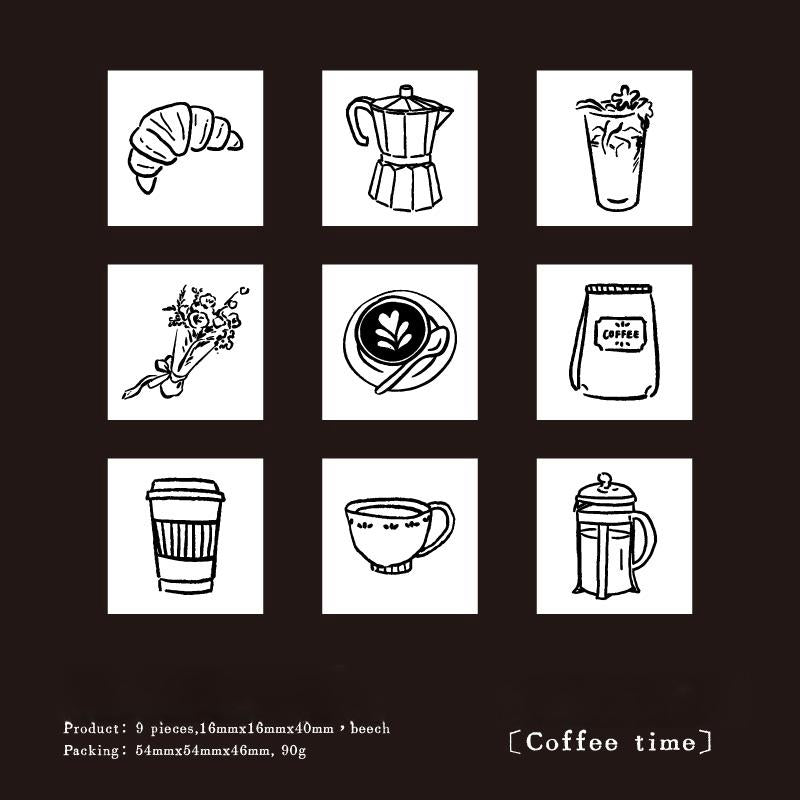 9pcs Cute Coffee Daily Life Record Rubber Stamp | Handdrawn Stick Figure Wooden Stamp Set | Daily Plan Schedule Planner Bullet Journal Stamp