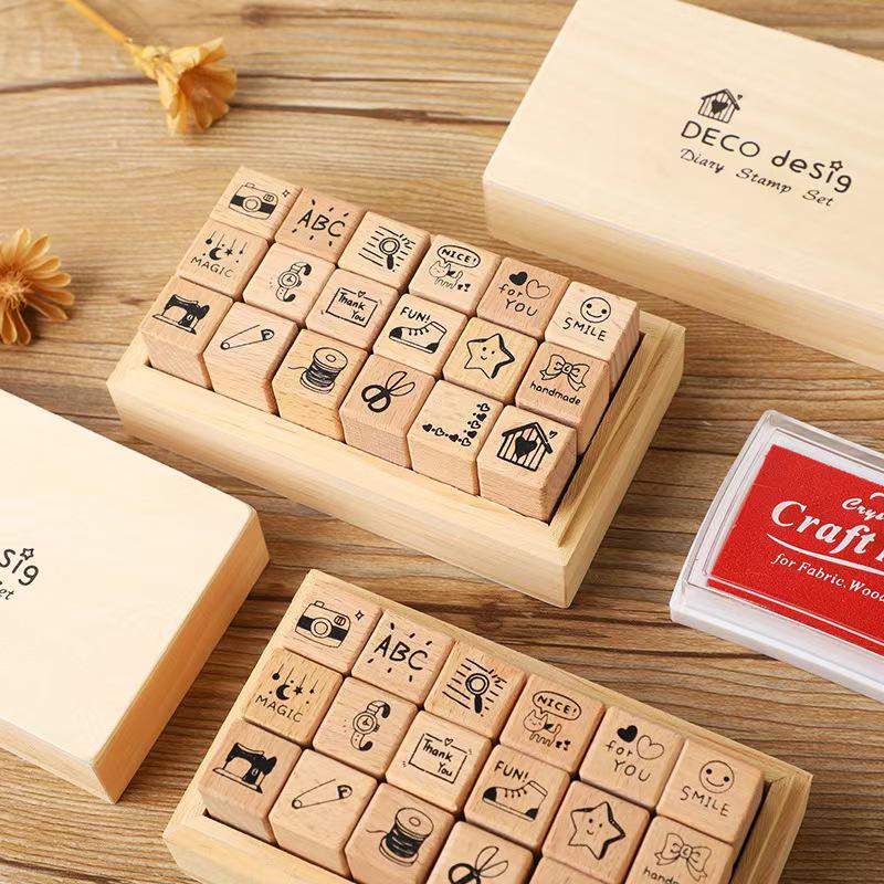 18pcs Cute Mini Icon Daily Life Rubber Stamp | Wooden Stamp Set | Weather Study Health Appointment Daily Plan Planner Bullet Journal Stamp