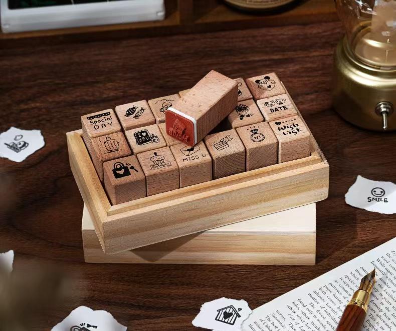 18pcs Cute Mini Icon Daily Life Rubber Stamp | Wooden Stamp Set | Weather Study Health Appointment Daily Plan Planner Bullet Journal Stamp