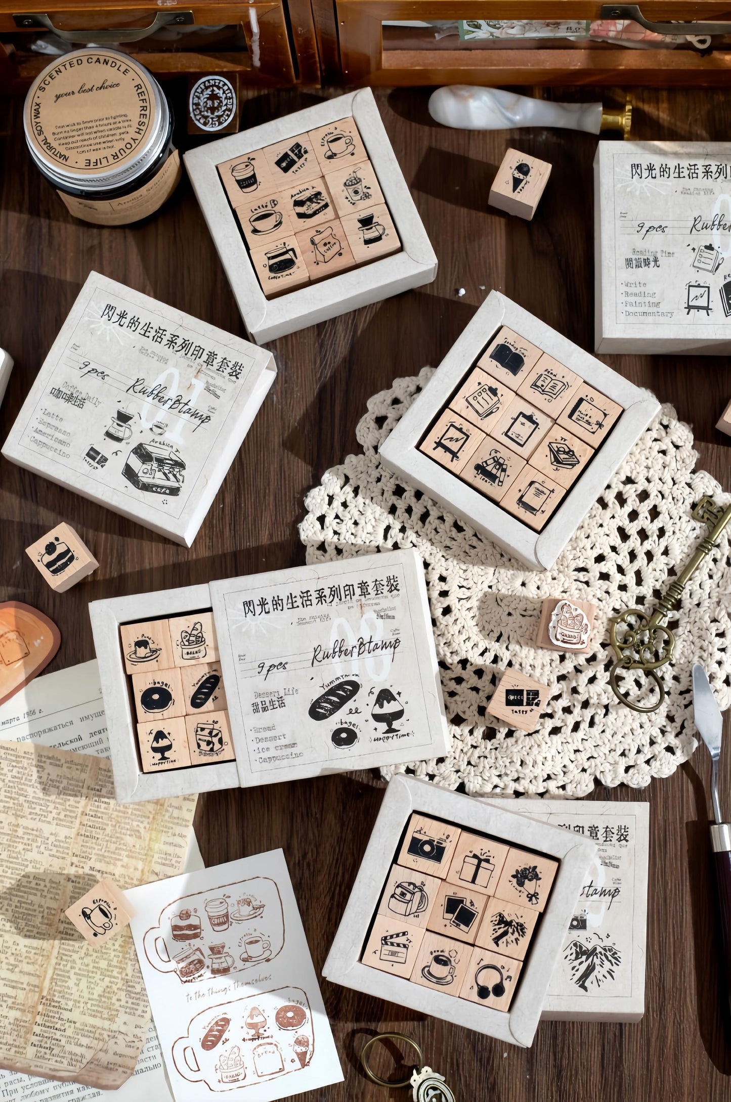 9pcs Cute Coffee Reading Study Dessert Rubber Stamp | Wooden Stamp Set | Daily Plan Schedule Planner Bullet Journal Stamp