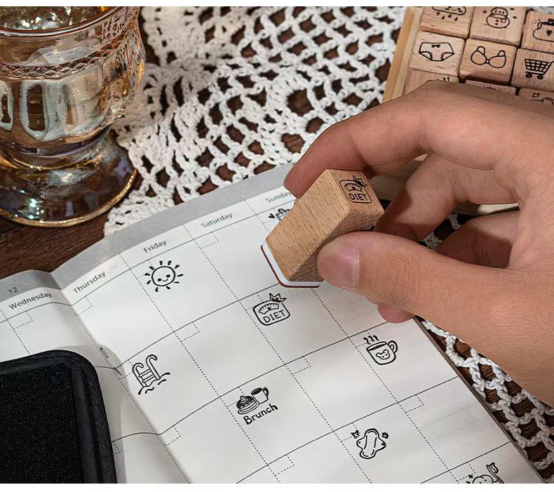 18pcs Cute Mini Icon Daily Life Rubber Stamp | Wooden Stamp Set | Weather Study Health Appointment Daily Plan Planner Bullet Journal Stamp