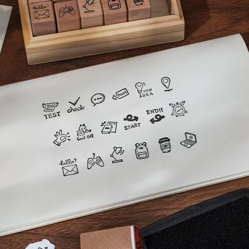 18pcs Cute Mini Icon Daily Life Rubber Stamp | Wooden Stamp Set | Weather Study Health Appointment Daily Plan Planner Bullet Journal Stamp