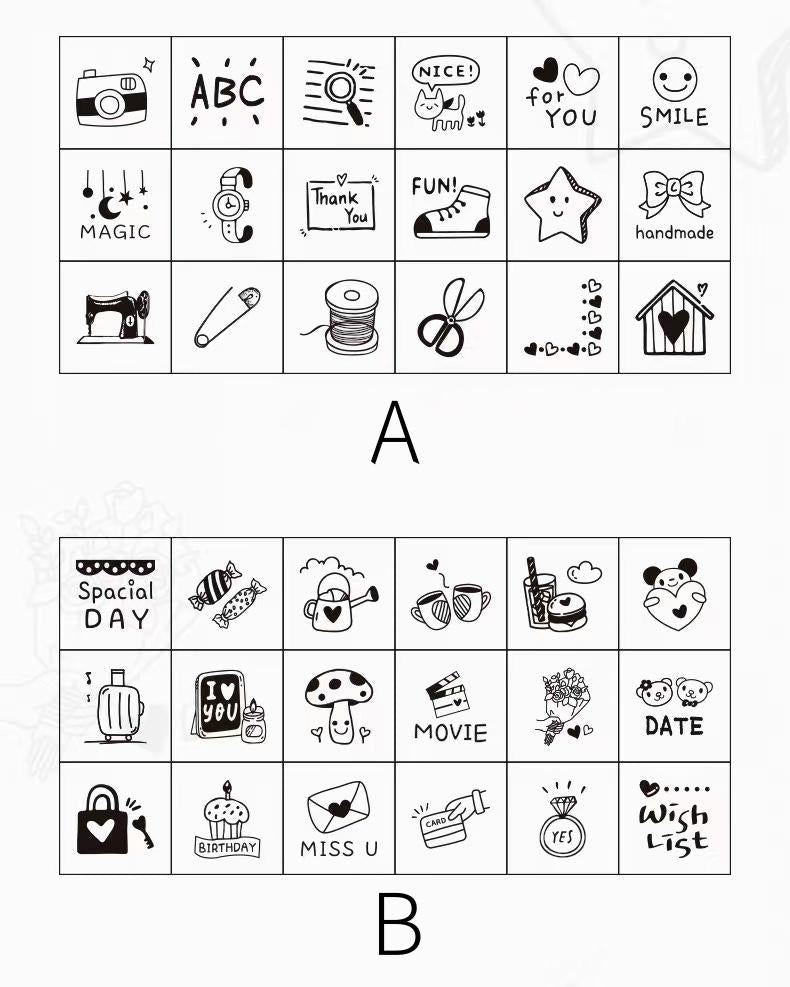 18pcs Cute Mini Icon Daily Life Rubber Stamp | Wooden Stamp Set | Weather Study Health Appointment Daily Plan Planner Bullet Journal Stamp