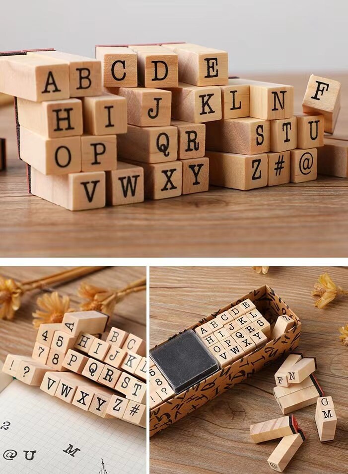 Wooden Alphanumeric Stamps with Ink Stamp Set | Capital Letter Stamps for DIY Craft Cards|Scrapbooking Supplies | Pack of 40 Stamp Set