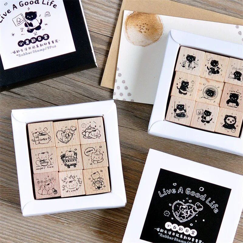 Cute Meow's Life Diary Rubber Stamp | Wooden Stamp Set | Scrapbooking Junk Journal Planner Stamp