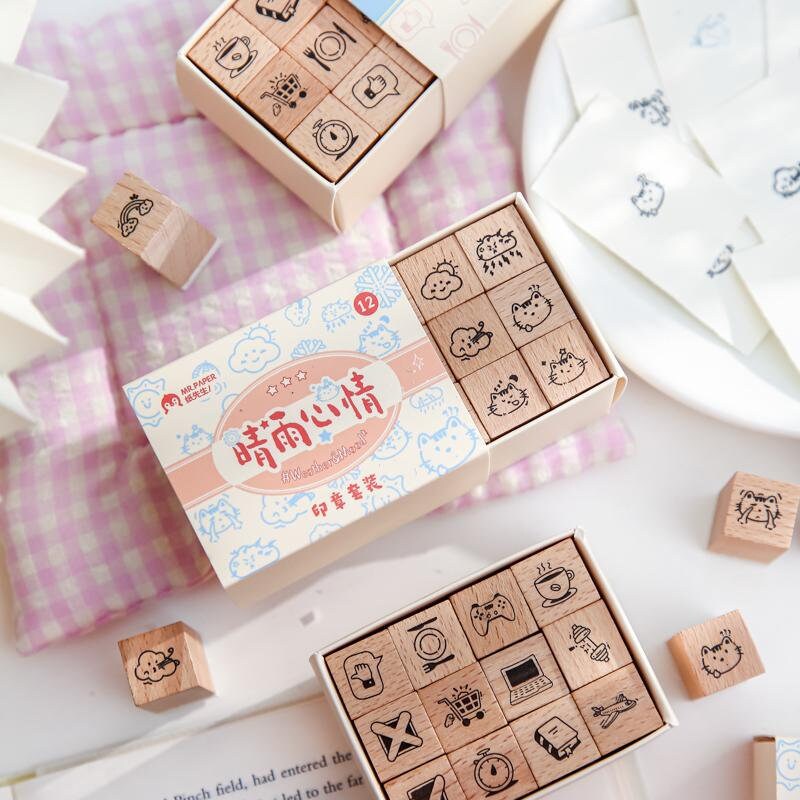 16pcs Cute Mini Icon Rubber Stamp | Wooden Stamp Set | Weather Mood Travel Study Health Daily Plan Schedule Planner Bullet Journal Stamp