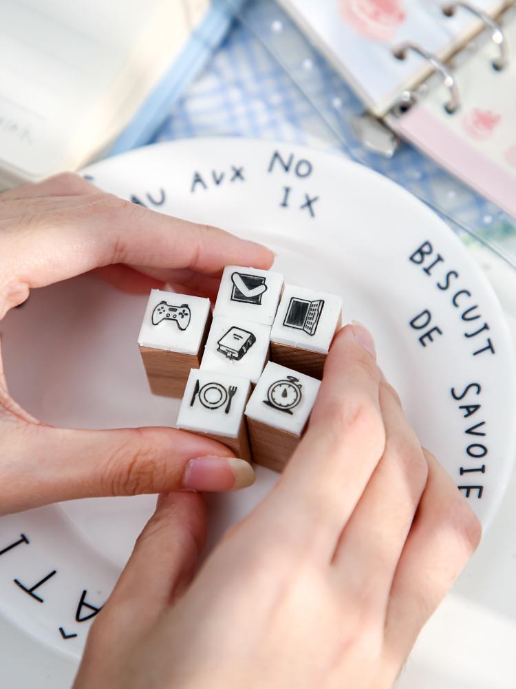 16pcs Cute Mini Icon Rubber Stamp | Wooden Stamp Set | Weather Mood Travel Study Health Daily Plan Schedule Planner Bullet Journal Stamp
