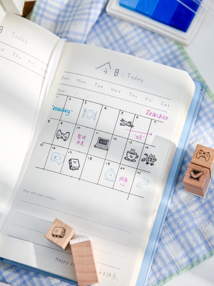 16pcs Cute Mini Icon Rubber Stamp | Wooden Stamp Set | Weather Mood Travel Study Health Daily Plan Schedule Planner Bullet Journal Stamp