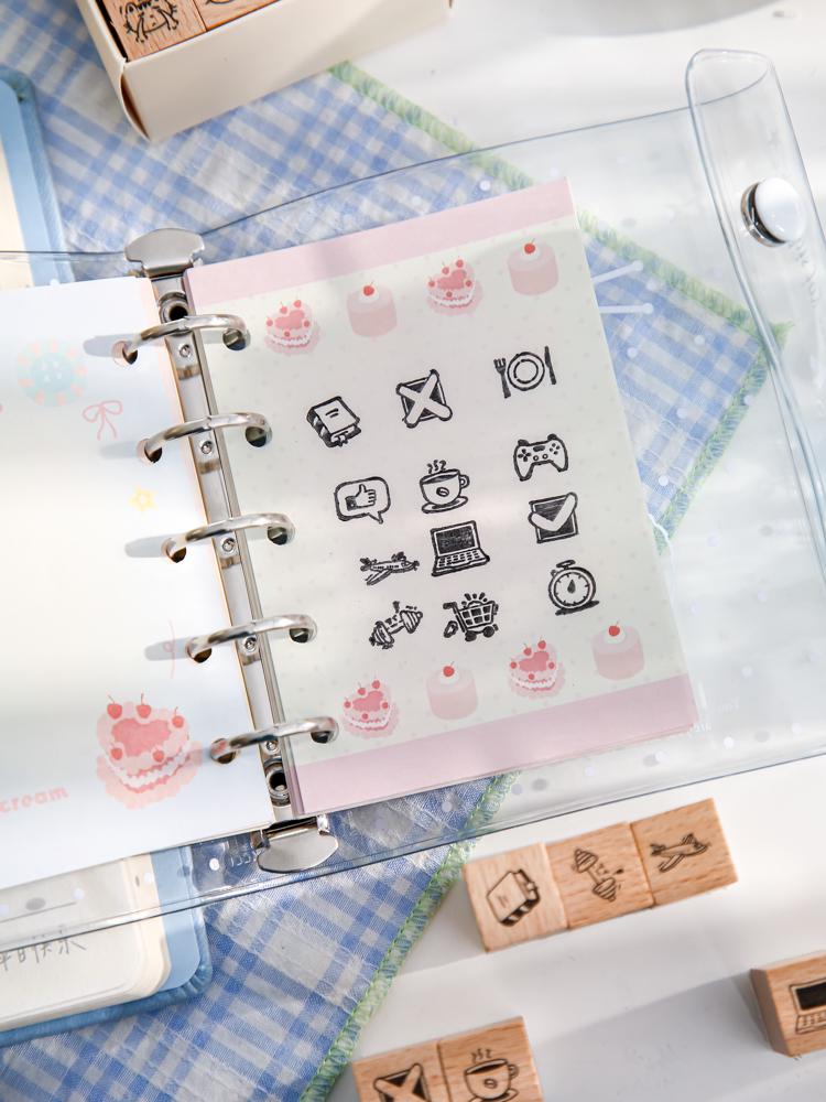 16pcs Cute Mini Icon Rubber Stamp | Wooden Stamp Set | Weather Mood Travel Study Health Daily Plan Schedule Planner Bullet Journal Stamp