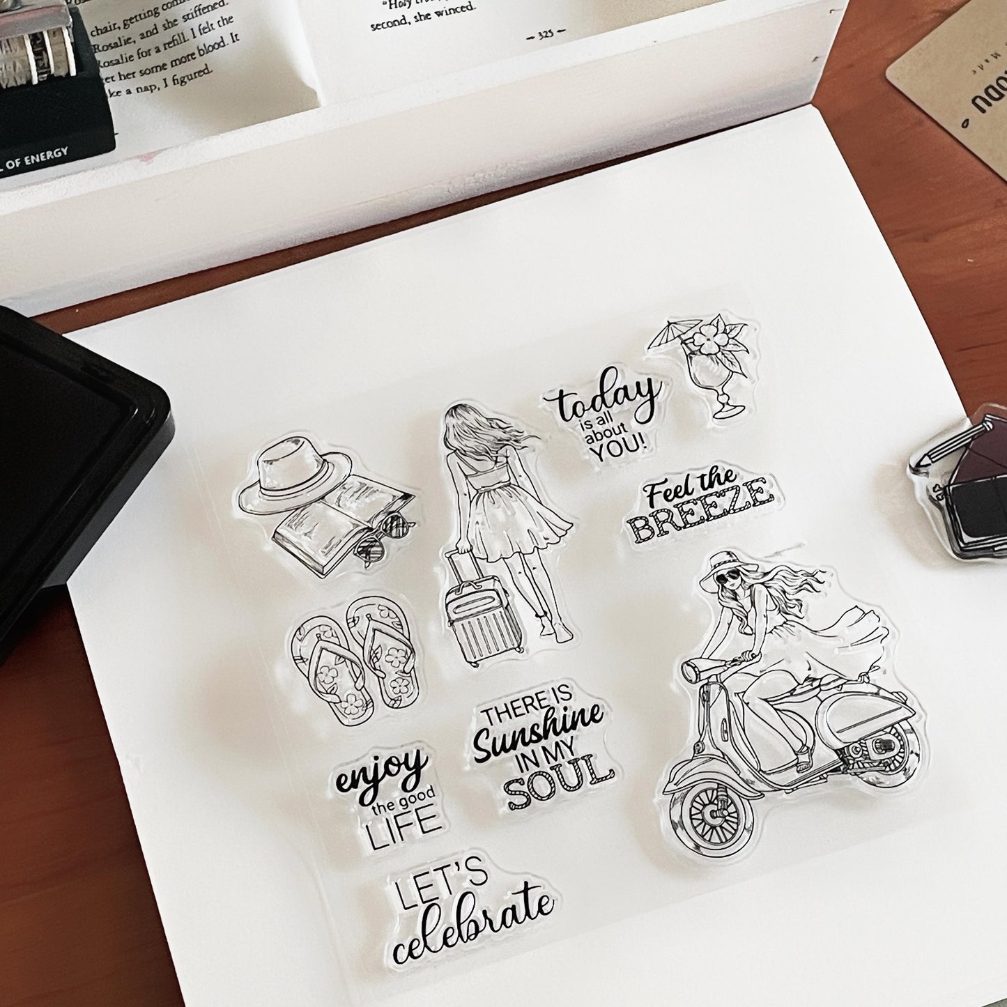 Traveling Girl Clear Stamp | Travel Lover Self Care Transparent Rubber Stamps | Card Making Craft Scrapbooking Supplies