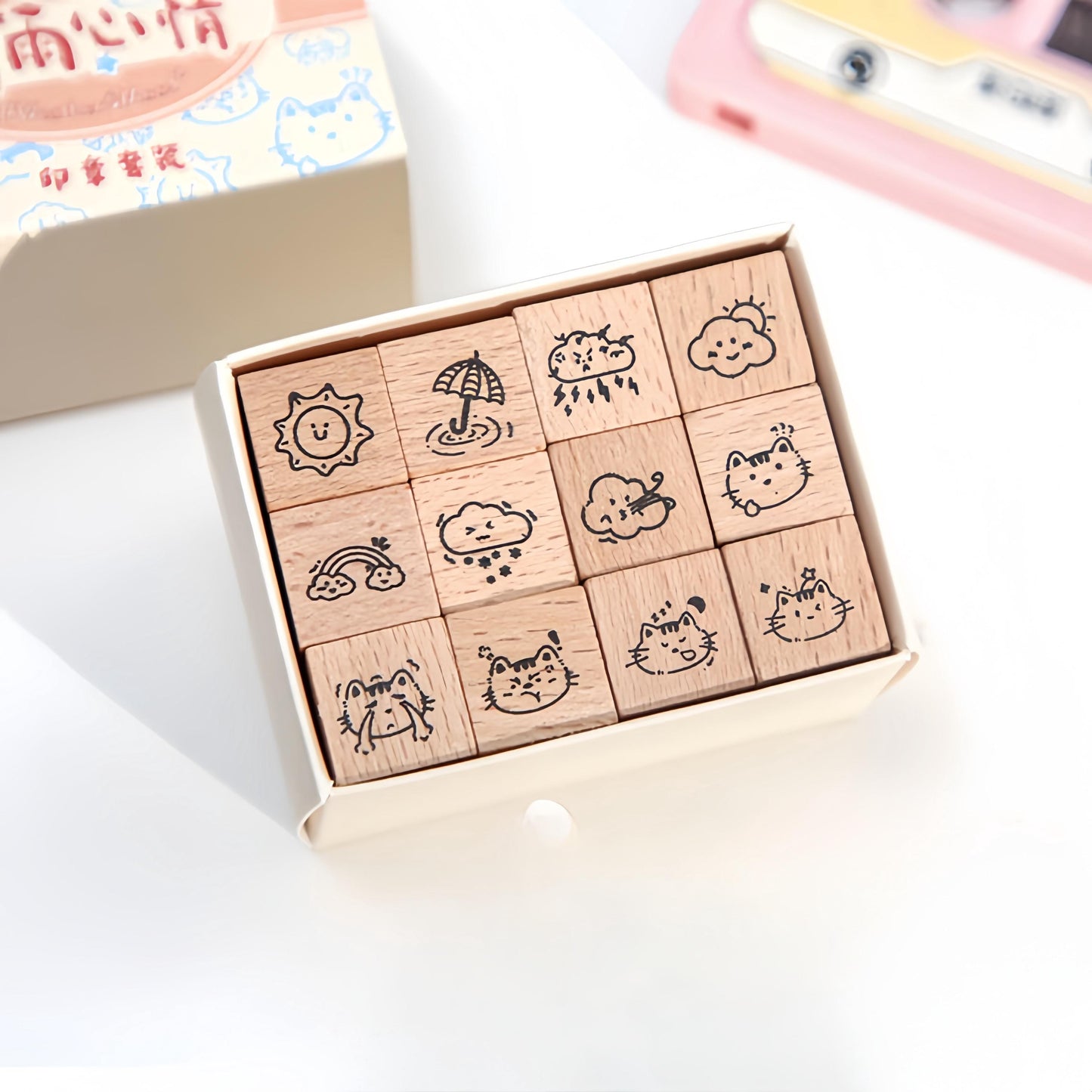 16pcs Cute Mini Icon Rubber Stamp | Wooden Stamp Set | Weather Mood Travel Study Health Daily Plan Schedule Planner Bullet Journal Stamp