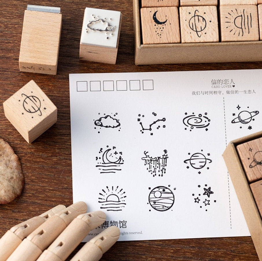 16pcs Galaxy Star Rubber Stamp | Wooden Stamp Set | Scrapbooking Stamp | Planner Stamp | Bullet Journal | Midori Traveler’s Notebook