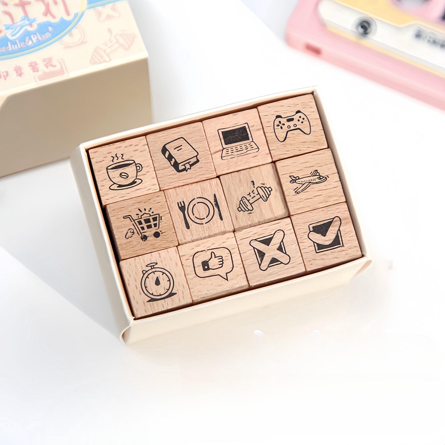 16pcs Cute Mini Icon Rubber Stamp | Wooden Stamp Set | Weather Mood Travel Study Health Daily Plan Schedule Planner Bullet Journal Stamp
