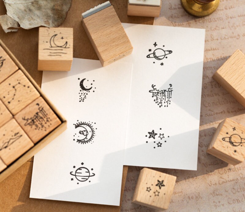 16pcs Galaxy Star Rubber Stamp | Wooden Stamp Set | Scrapbooking Stamp | Planner Stamp | Bullet Journal | Midori Traveler’s Notebook