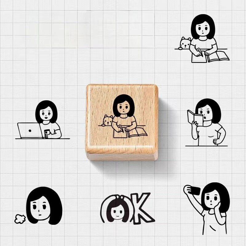 Cute Girl Daily Life Wooden Stamp | Wooden Stamp Set | Rubber Stamp | Junk Journal Scrapbooking Planner Supplies