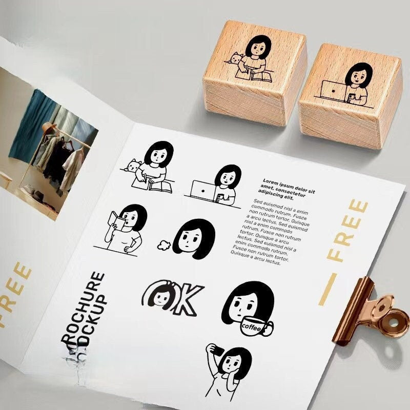 Cute Girl Daily Life Wooden Stamp | Wooden Stamp Set | Rubber Stamp | Junk Journal Scrapbooking Planner Supplies