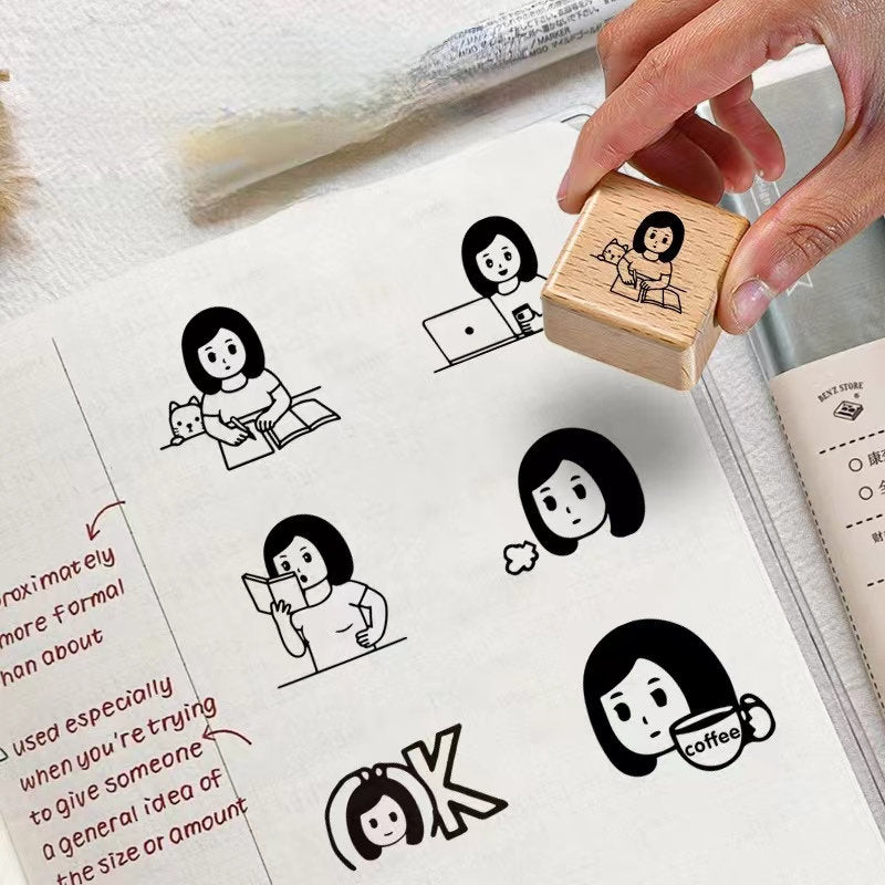 Cute Girl Daily Life Wooden Stamp | Wooden Stamp Set | Rubber Stamp | Junk Journal Scrapbooking Planner Supplies