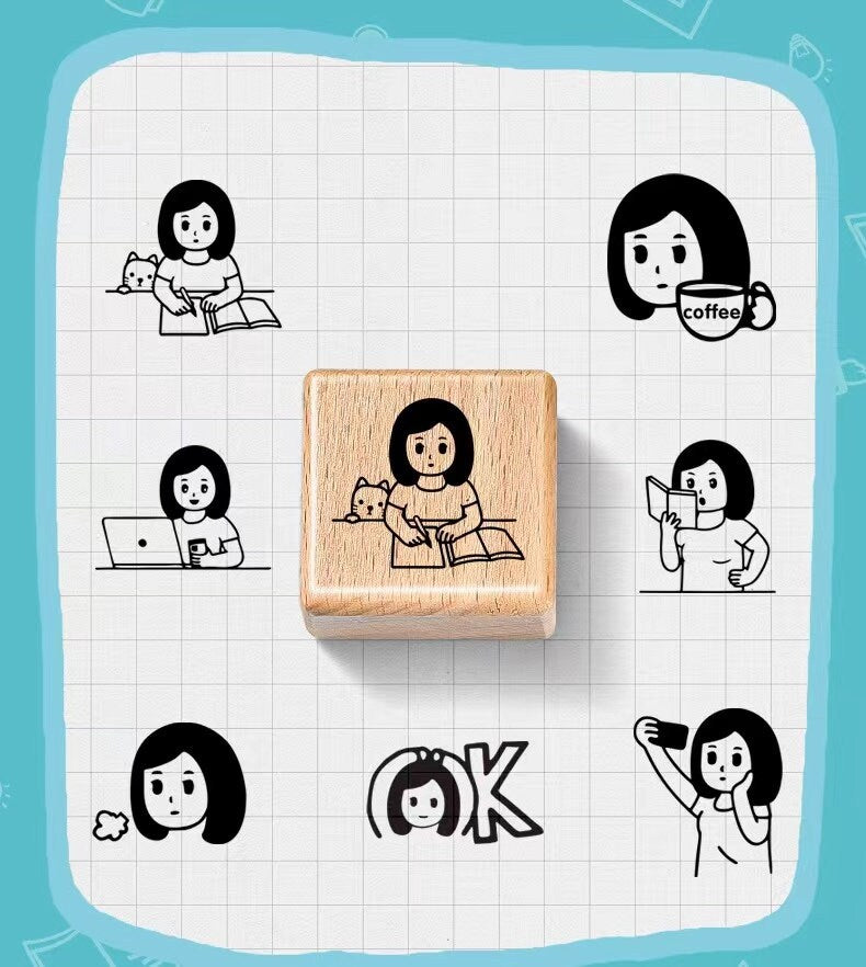 Cute Girl Daily Life Wooden Stamp | Wooden Stamp Set | Rubber Stamp | Junk Journal Scrapbooking Planner Supplies