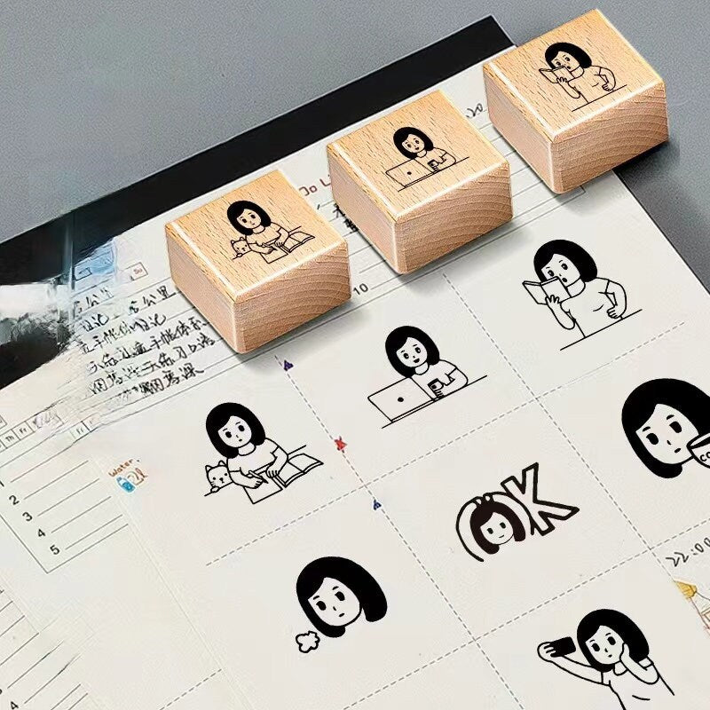 Cute Girl Daily Life Wooden Stamp | Wooden Stamp Set | Rubber Stamp | Junk Journal Scrapbooking Planner Supplies