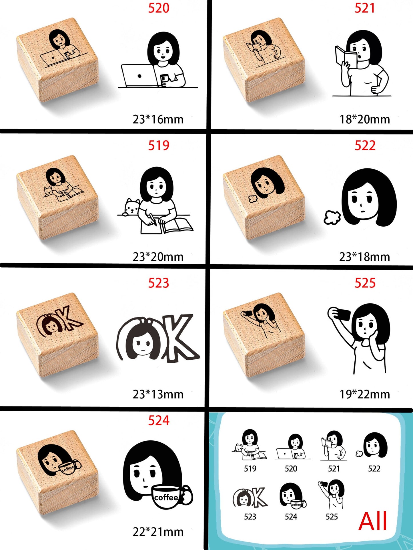 Cute Girl Daily Life Wooden Stamp | Wooden Stamp Set | Rubber Stamp | Junk Journal Scrapbooking Planner Supplies