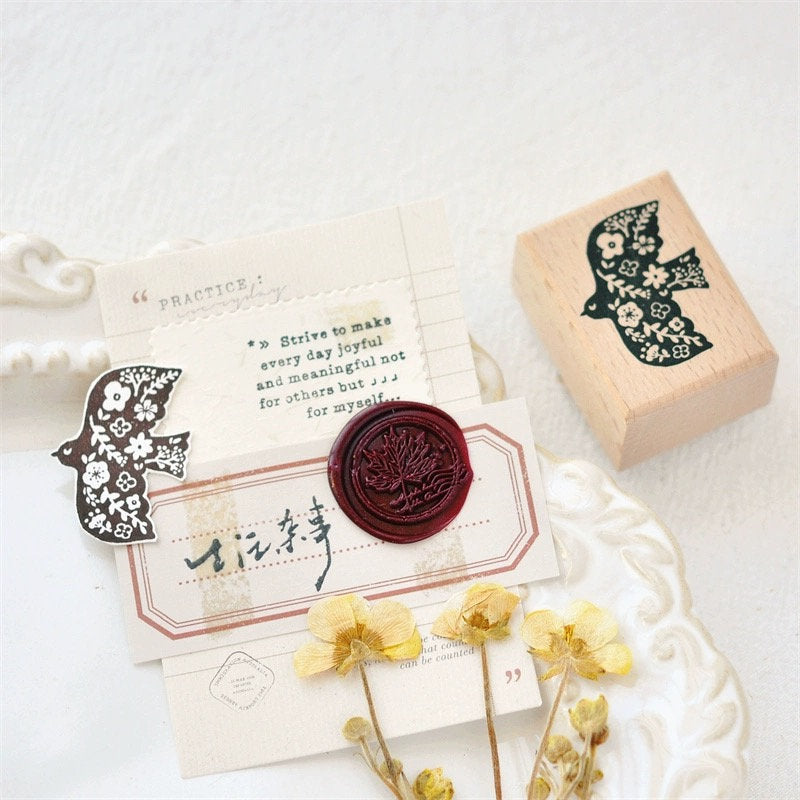 Flower Birds Rubber Stamps | Bird and Flower Wreath Wooden Stamp | Scrapbooking Junk Journal Planner Stamp