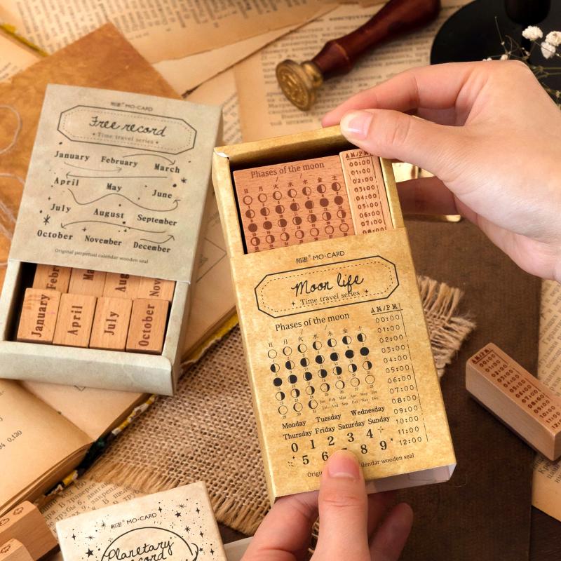 Vintage Calendar Month Week Weather Rubber Stamp | Retro Wooden Stamp Set | Moon Phase | Scrapbooking Journal Collage Planner Stamp Supplies