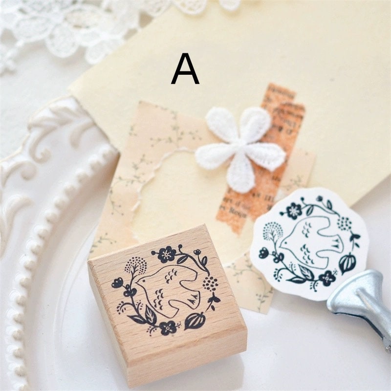 Flower Birds Rubber Stamps | Bird and Flower Wreath Wooden Stamp | Scrapbooking Junk Journal Planner Stamp