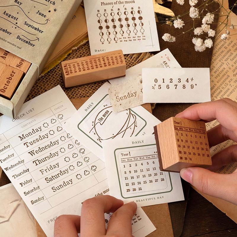 Vintage Calendar Month Week Weather Rubber Stamp | Retro Wooden Stamp Set | Moon Phase | Scrapbooking Journal Collage Planner Stamp Supplies