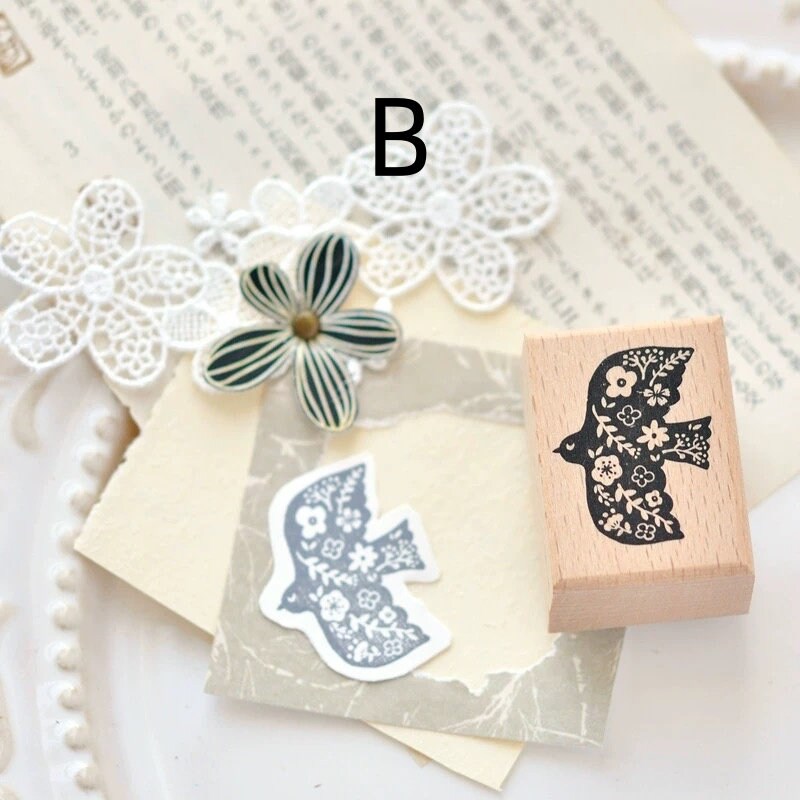 Flower Birds Rubber Stamps | Bird and Flower Wreath Wooden Stamp | Scrapbooking Junk Journal Planner Stamp
