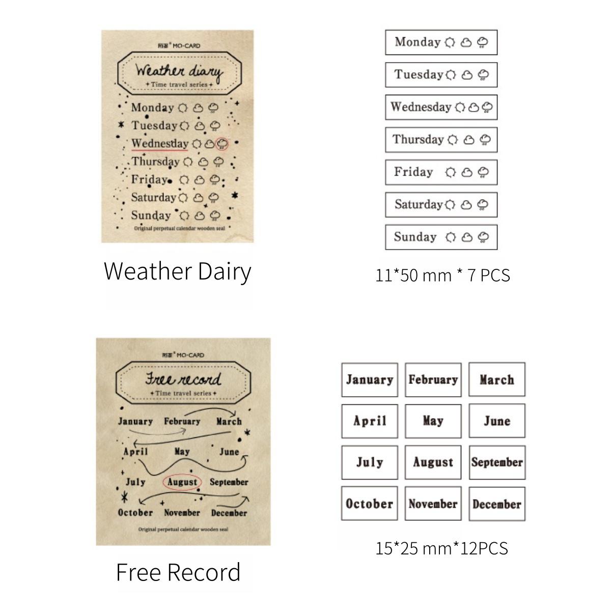 Vintage Calendar Month Week Weather Rubber Stamp | Retro Wooden Stamp Set | Moon Phase | Scrapbooking Journal Collage Planner Stamp Supplies