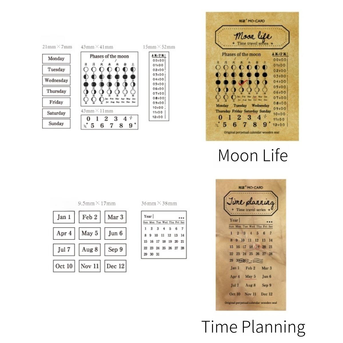 Vintage Calendar Month Week Weather Rubber Stamp | Retro Wooden Stamp Set | Moon Phase | Scrapbooking Journal Collage Planner Stamp Supplies