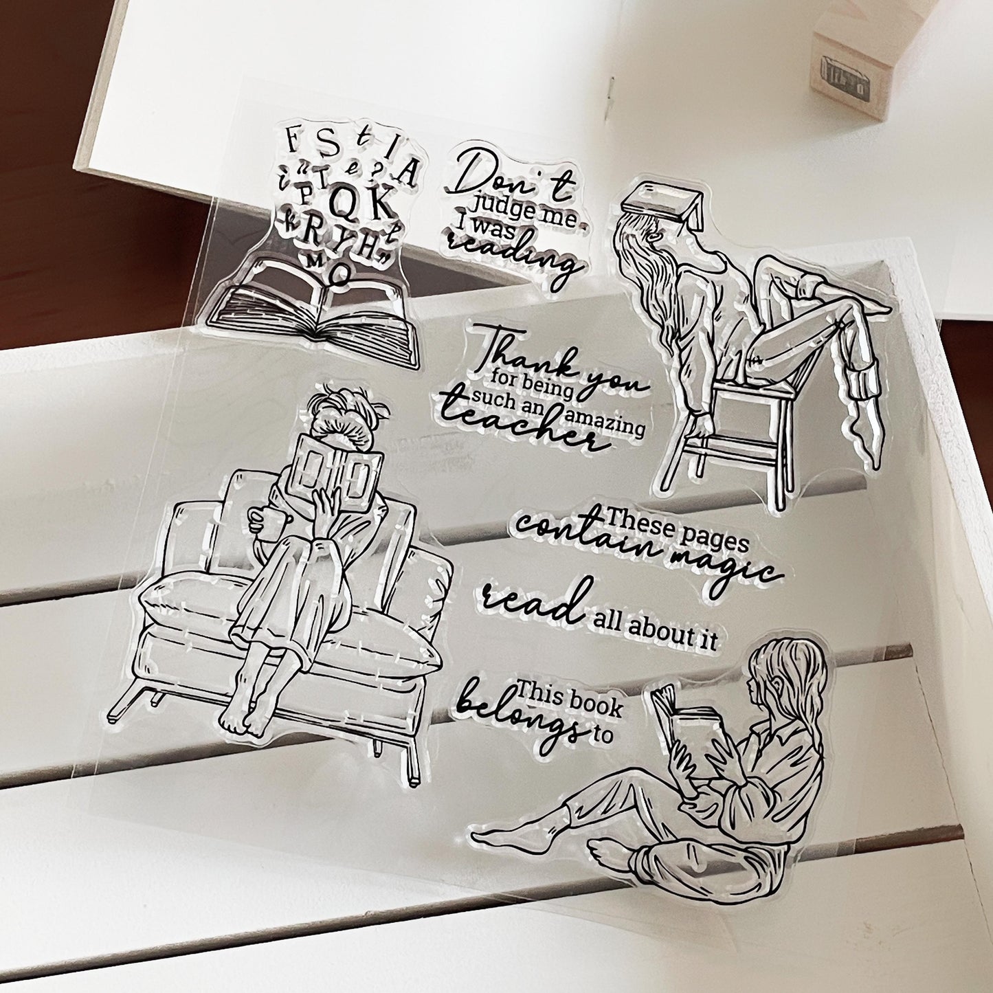 Reading Girl Clear Stamp | Book Lover Bookish Transparent Rubber Stamps | Bullet Journal Planner Accessories Craft Scrapbooking Supplies