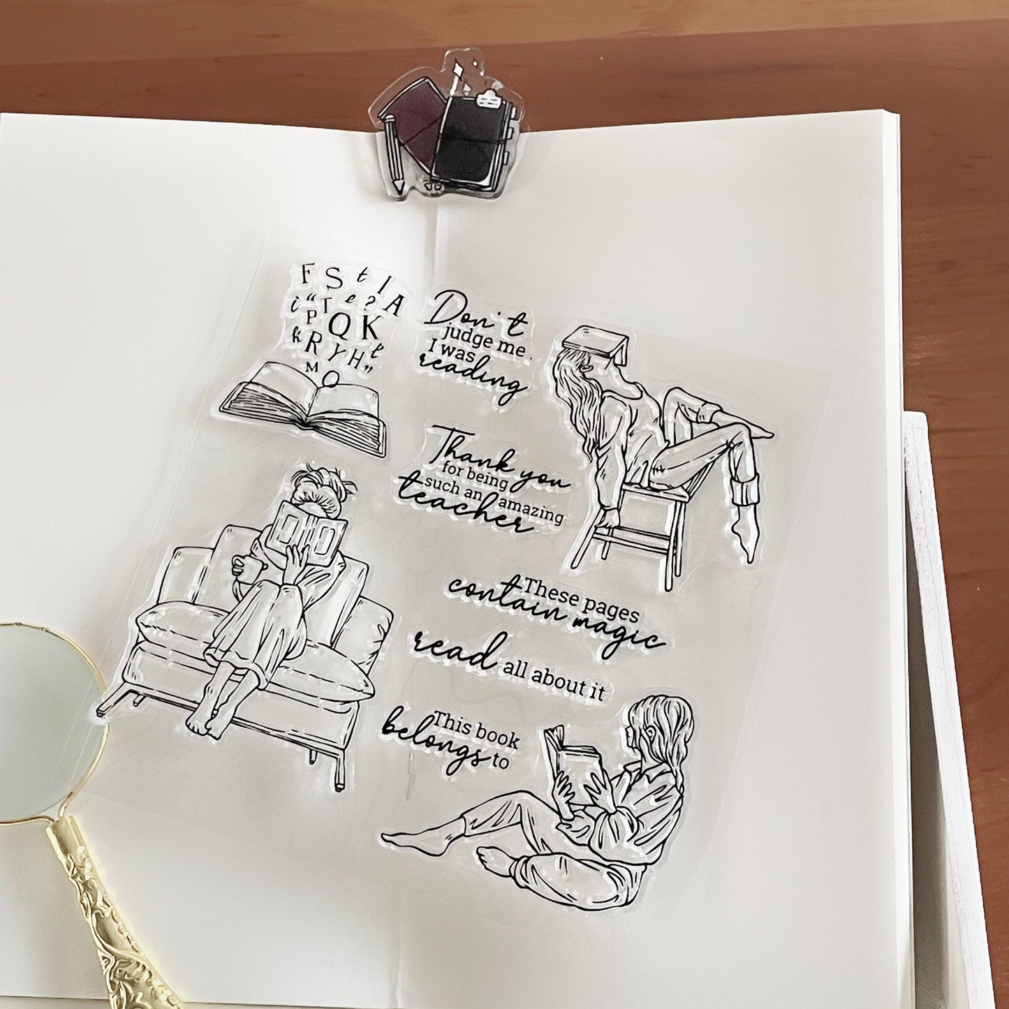 Reading Girl Clear Stamp | Book Lover Bookish Transparent Rubber Stamps | Bullet Journal Planner Accessories Craft Scrapbooking Supplies